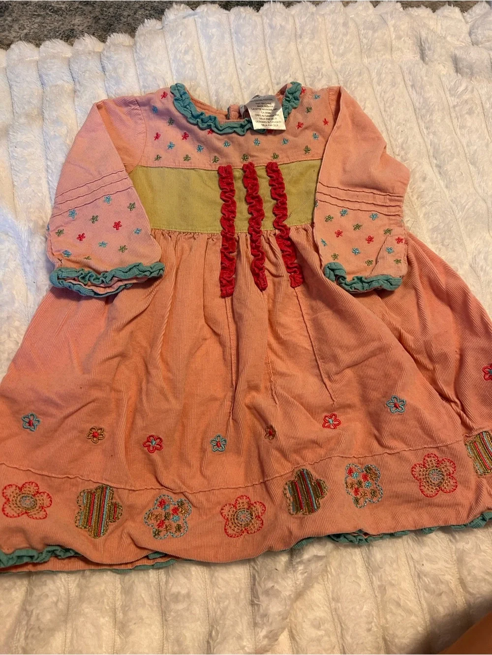 deux par deux Peach Baby Dress with Teal Ruffle and Multicolor Star Embroidery